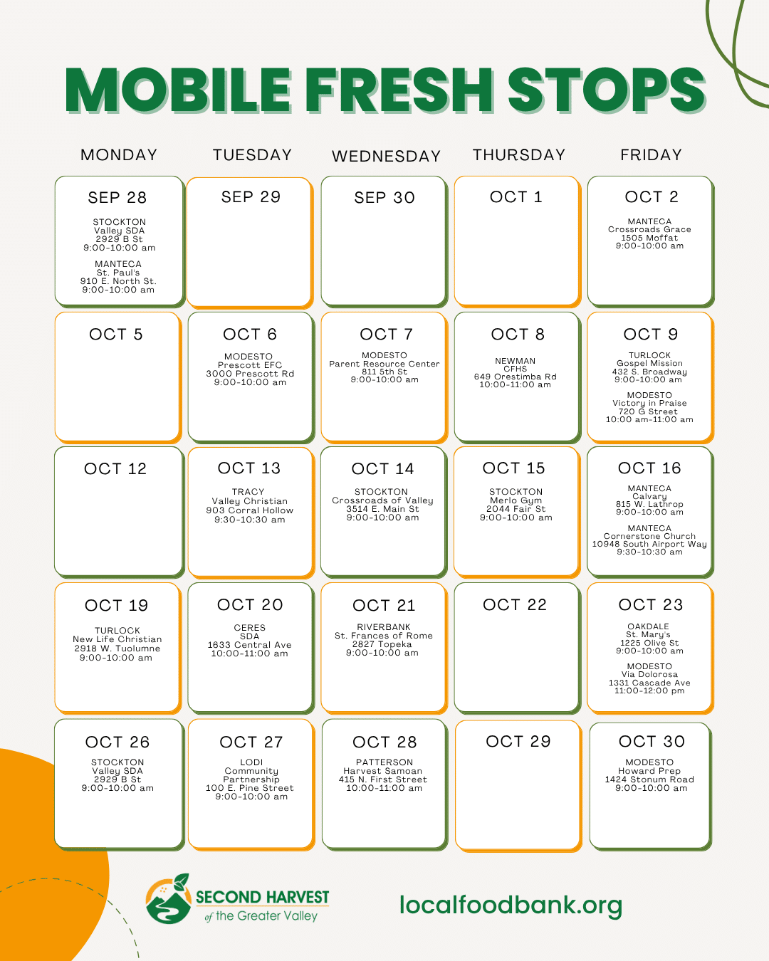Official Mobile Fresh October 2026 calendar; open the full-size image to read locations and times